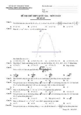 Đề thi thử THPT Quốc gia môn Toán - Đề số 3 - Trường THPT Yên Phong Số 2 (Có đáp án)
